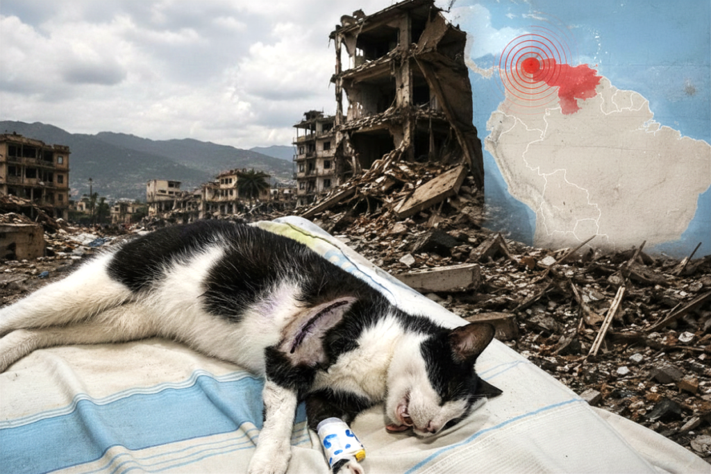 Noodhospitaal voor dieren na aardbevingen in Venezuela | Red de Apoyo Canino (originele foto). AI-bewerking door Estefania Pampin Zuidmeer, juni 2026